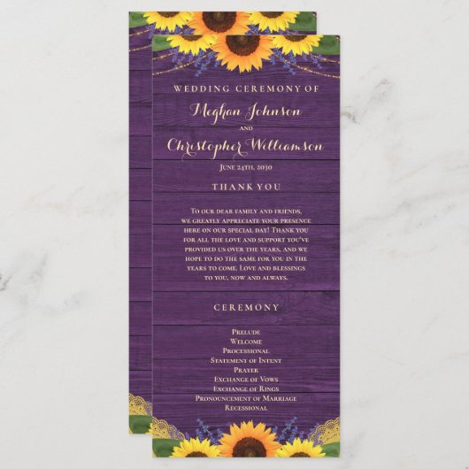 Lila Sonnenblumenhochzeit mit rustikalem Holzring Programm (Vorne/Hinten)