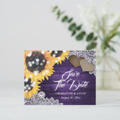 Lila Sonnenblumenhochzeit rettet das Datum Ankündigungspostkarte (Stehend Vorderseite)
