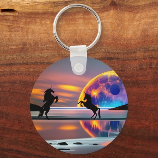 Lila Sonnenuntergang, Einhörner, Vollmond am Stran Schlüsselanhänger (Rückseite)