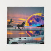 Lila Sonnenuntergang, Einhörner, Vollmond am Stran Wandteppich (Vorderseite)