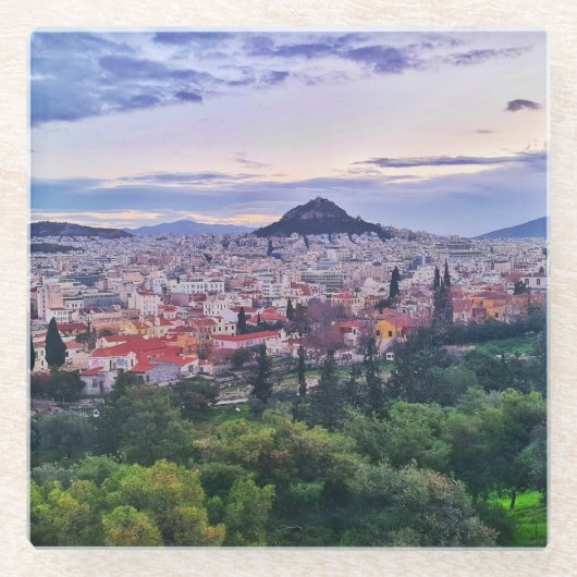 Lila Sonnenuntergang in Athen Glasuntersetzer (Vorderseite)