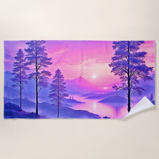 Lila Sonnenuntergang Landschaft Kunst Strandtuch (Vorderseite)