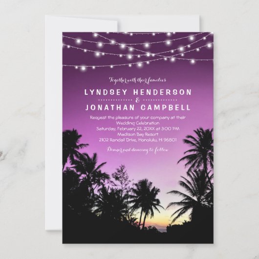 Lila Sonnenuntergang Palm Tree Beach Lights Hochze Einladung (Vorderseite)
