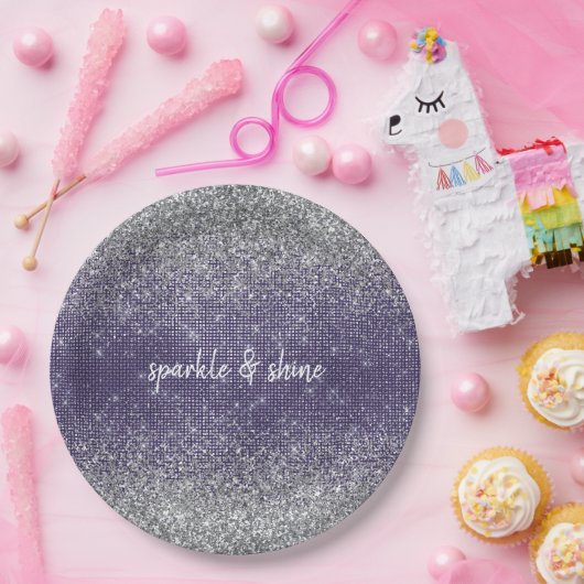 Lila Sparkassensilber-Glitzer Pappteller (Party)