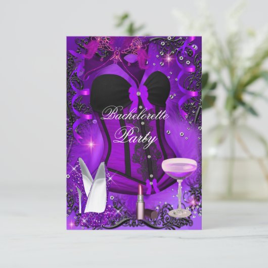 Lila Sparkle Celebration Bachelorette Einladung (Stehend Vorderseite)