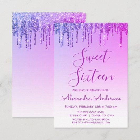 Lila Sparkle Glitzer 16 . Geburtstag Geburtstag Einladung (Vorne/Hinten)