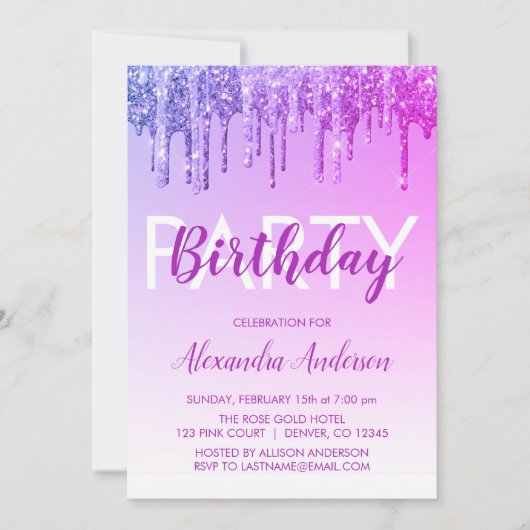 Lila Sparkle-Glitzer jeden Geburtstag Einladung (Vorderseite)