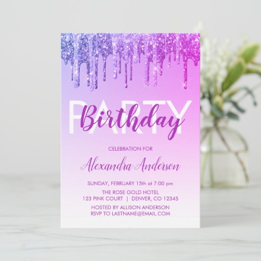 Lila Sparkle-Glitzer jeden Geburtstag Einladung (Stehend Vorderseite)