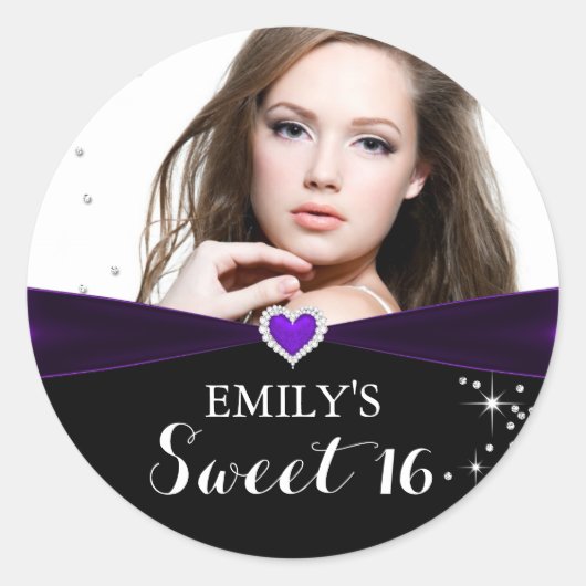 Lila Sparkle Heart Foto 16 . Geburtstag Sticker (Vorderseite)