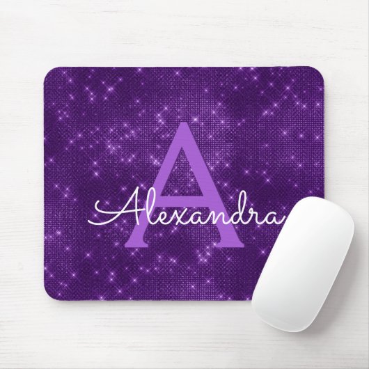 Lila Sparkle Modern Monogram Name Mousepad (Mit Mouse)