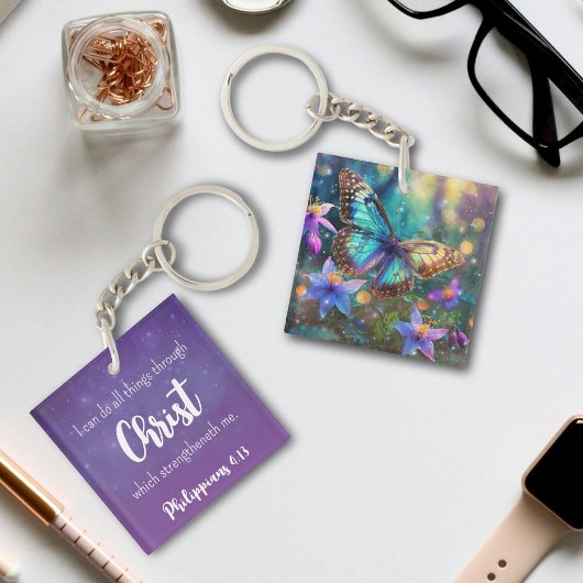 Lila Sparkle Philippianer 4:13 Verse Butterfly Schlüsselanhänger
