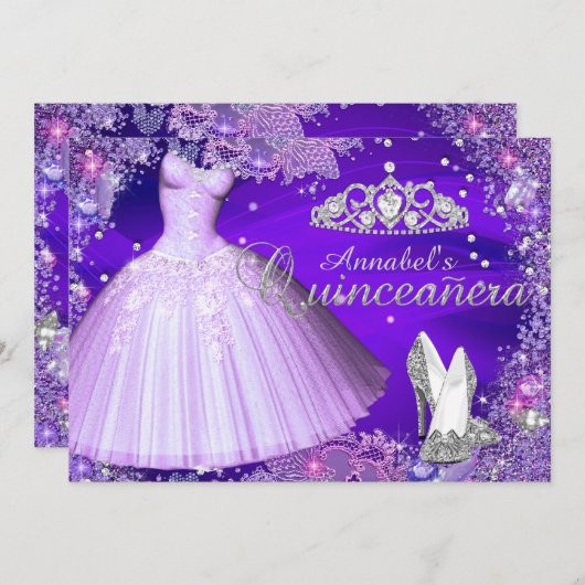 Lila Sparkle Tiara & Dress Quinceanera Einladung (Vorne/Hinten)