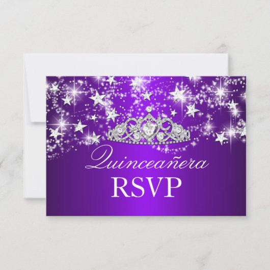 Lila Sparkle Tiara & Stars Quinceanera UAWG RSVP Karte (Vorderseite)