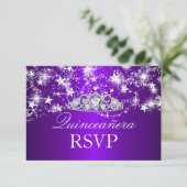 Lila Sparkle Tiara & Stars Quinceanera UAWG RSVP Karte (Stehend Vorderseite)