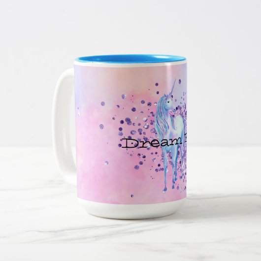 Lila Sparkle Unicorn Zweifarbige Tasse (Vorderseite Links)