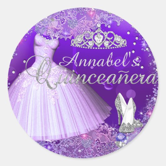 Lila Sparklorekleid & Tiara Quinceanera Sticker (Vorderseite)