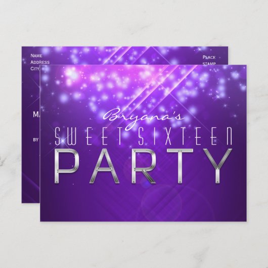 Lila Sparkor Glam PARTY Einladungspostkarte (Vorne/Hinten)