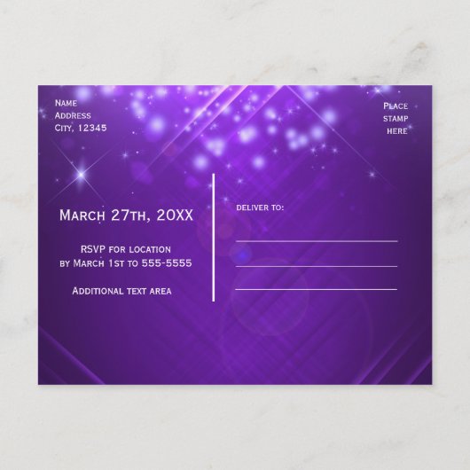 Lila Sparkor Glam PARTY Einladungspostkarte (Rückseite)