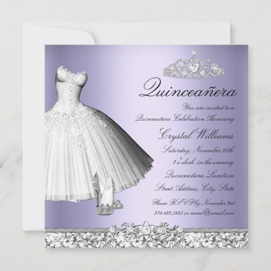 Lila Sparkor Glitzer Dress & Heelses Quinceanera Einladung (Vorderseite)