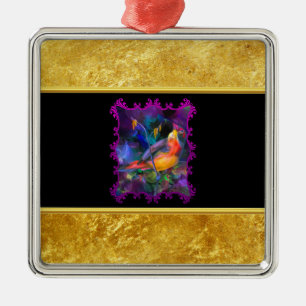 Lila Spatz mit einer Goldfolie und einer schwarzen Silbernes Ornament