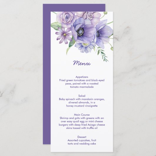 Lila Speisen, Anemonen, Rose Blumenmenü Menükarte (Vorne/Hinten)