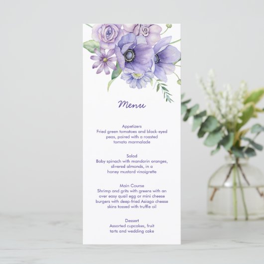 Lila Speisen, Anemonen, Rose Blumenmenü Menükarte (Stehend Vorderseite)