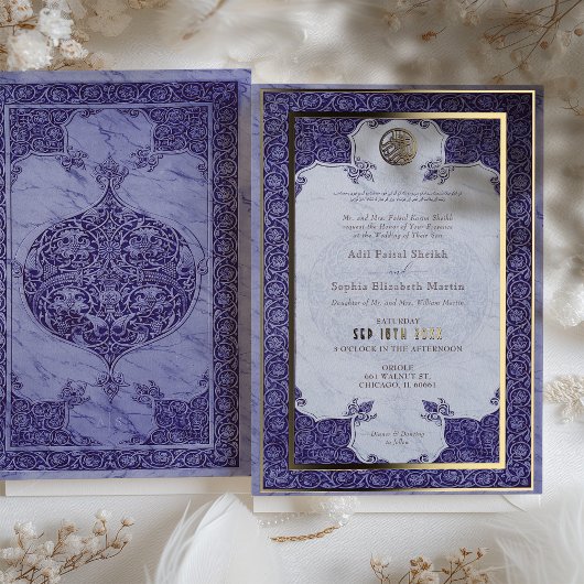 Lila Spitze Traditionelle muslimische Hochzeit Folieneinladung