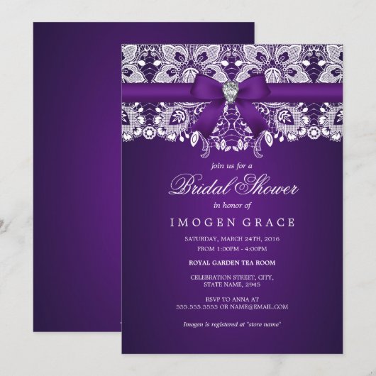 Lila Spitzen- & Bow Bridal Dusche Einladung (Vorne/Hinten)
