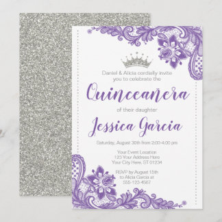 Lila Spitzen und Silver Glitzer Princess Quinceañe Einladung