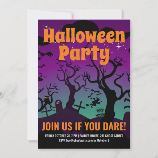 Lila Spuk Halloween-Party auf dem Friedhof Einladung (Vorderseite)
