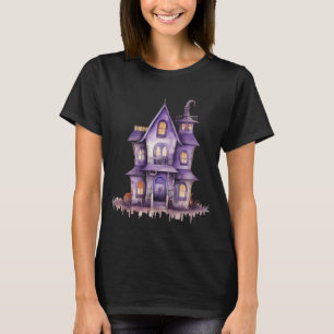 Lila Spukhaus Schwarzes Halloween T-Shirt