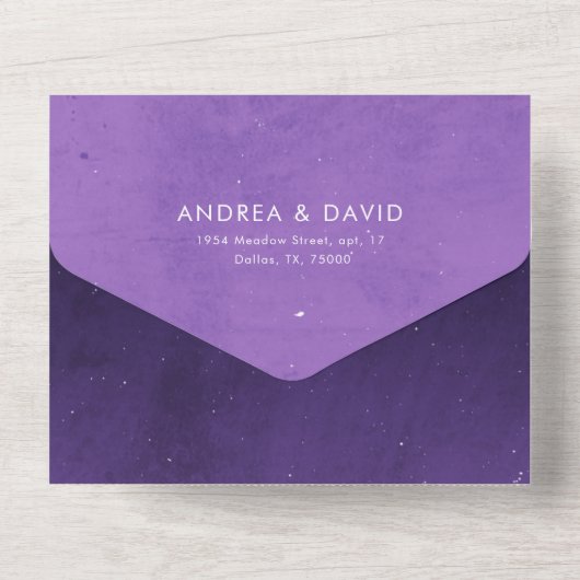 Lila Star Galaxy Universe & Gezeichnet Blumenhochz All In One Einladung (Rückseite)