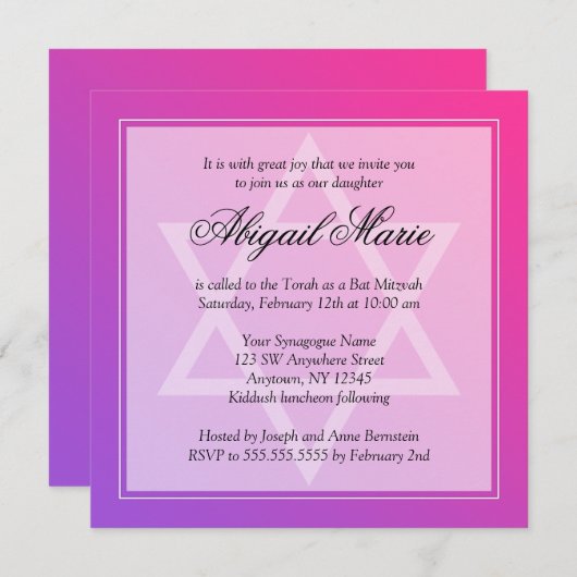 Lila Star von David Bat Mitzvah Square Einladung (Vorne/Hinten)