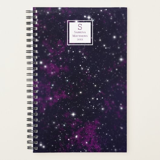 Lila Starry Sky Galaxy | Mit Monogramm Planer (Vorderseite)