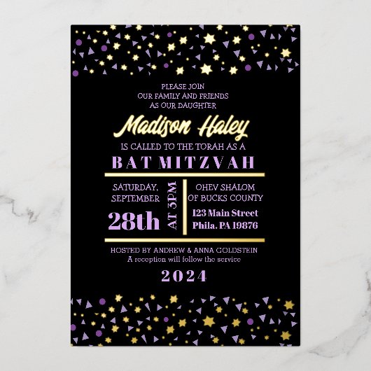 Lila Stars Bar Bat Mitzvah Einladung Gold Inlay (Vorderseite)