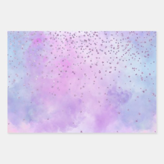 Lila Stars Confetti Geschenkpapier Set (Vorderseite)