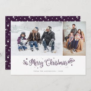 Lila Stars Kalligrafie Weihnachtsfotokarten Feiertagskarte
