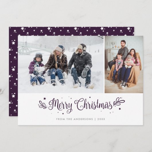 Lila Stars Kalligrafie Weihnachtsfotokarten Feiertagskarte (Vorne/Hinten)