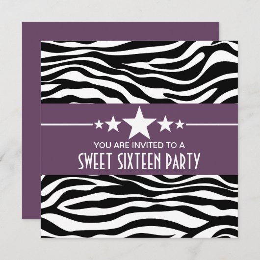 Lila Stars Zebra Print Sweet 16 Einladen Einladung (Vorne/Hinten)