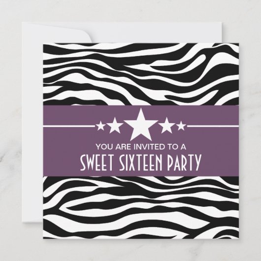 Lila Stars Zebra Print Sweet 16 Einladen Einladung (Vorderseite)
