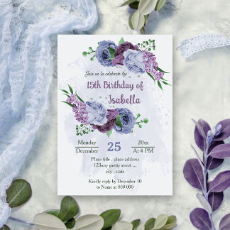 Lila staubblaue Blumen, grüne Blätter Geburtstag Einladung