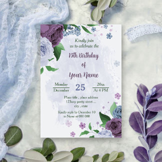 Lila staubblaue Blumen, grüne Blätter Geburtstag Einladung