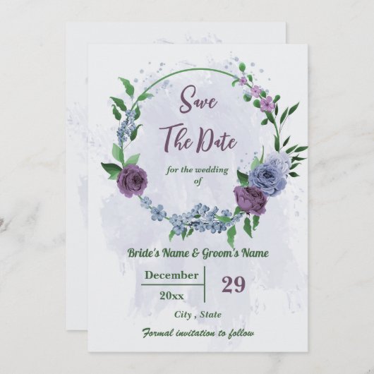Lila staubblaue Blumen Grüne Blätter Hochzeit Save The Date (Vorne/Hinten)