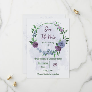 Lila staubblaue Blumen Grüne Blätter Hochzeit Save The Date