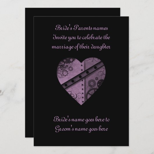 Lila Steampunkherz Einladung (Vorne/Hinten)