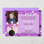 Lila Stein und Schüssel mit Foto Bowling Party Einladung (Vorne/Hinten)