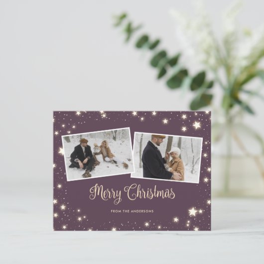Lila Sterne Schnee Foto Frohe Weihnachten (Stehend Vorderseite)