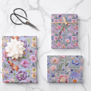 Lila Stickerei Blumenmuster Geschenkpapier Set
