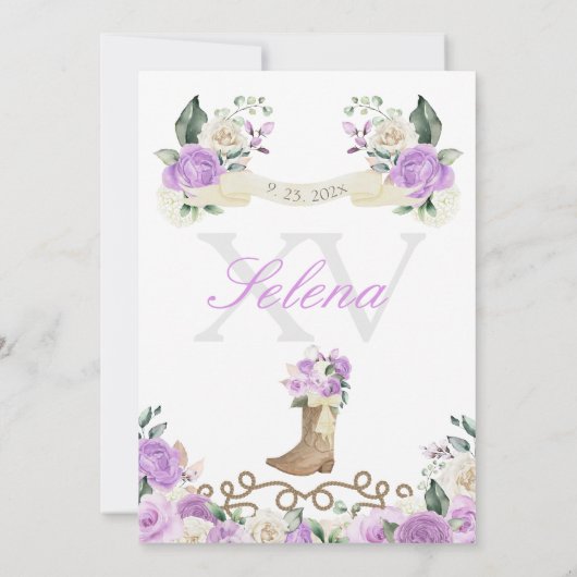 Lila Stiefel und Ranchero Quinceñera Einladung (Rückseite)