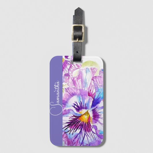 Lila Stiefmütterchen Aquarell Blumen Mädchen Name Gepäckanhänger (Vorderseite Vertikal)